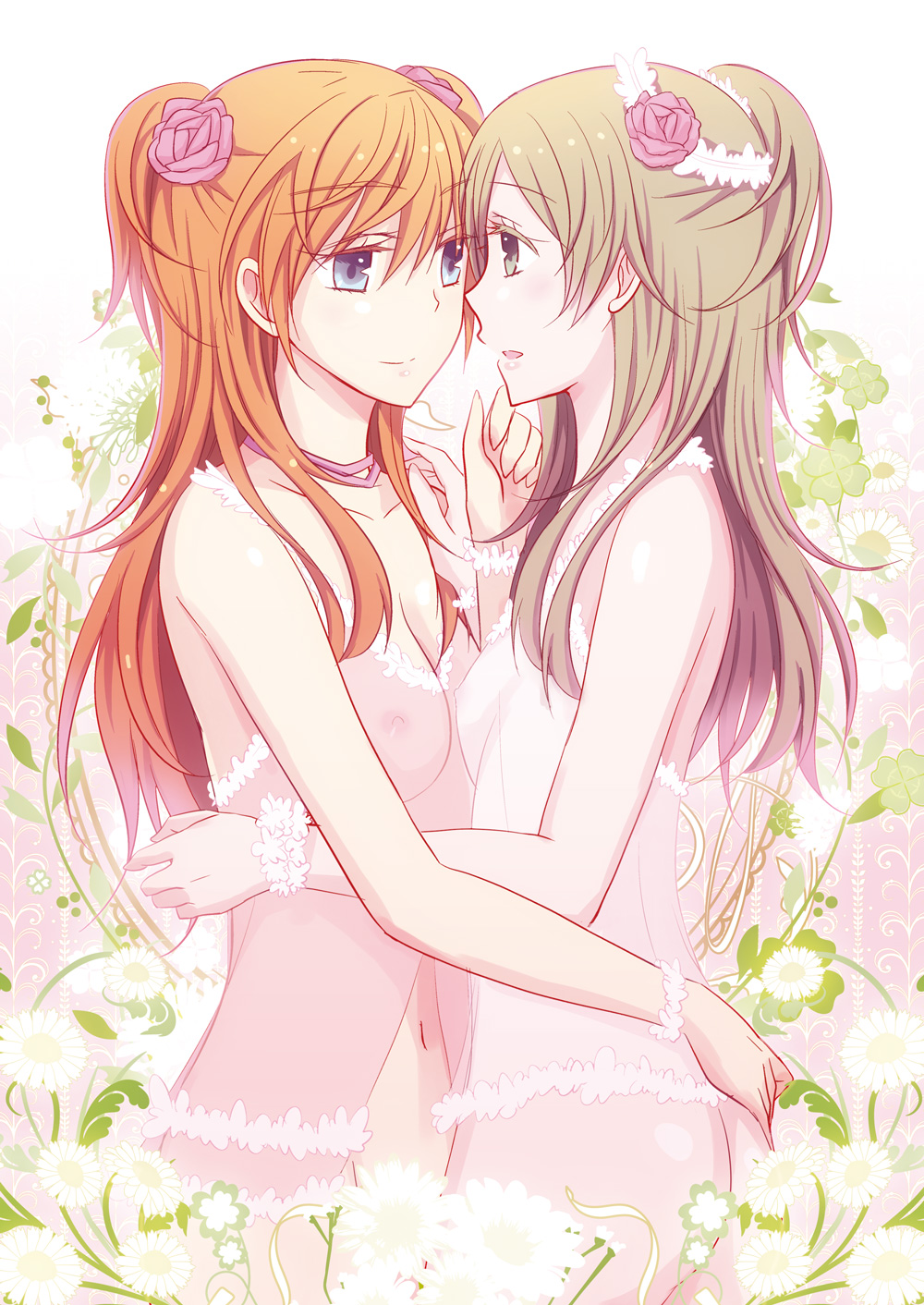 blue_eyes brown_hair clothing female flower green_eyes hair_flower hair_ornament half_updo highres houjou_hibiki hug isya long_hair minamino_kanade multiple_girls navel nipples orange_hair precure pretty_cure rose see-through see-through_clothing small_breasts suite_precure yuri