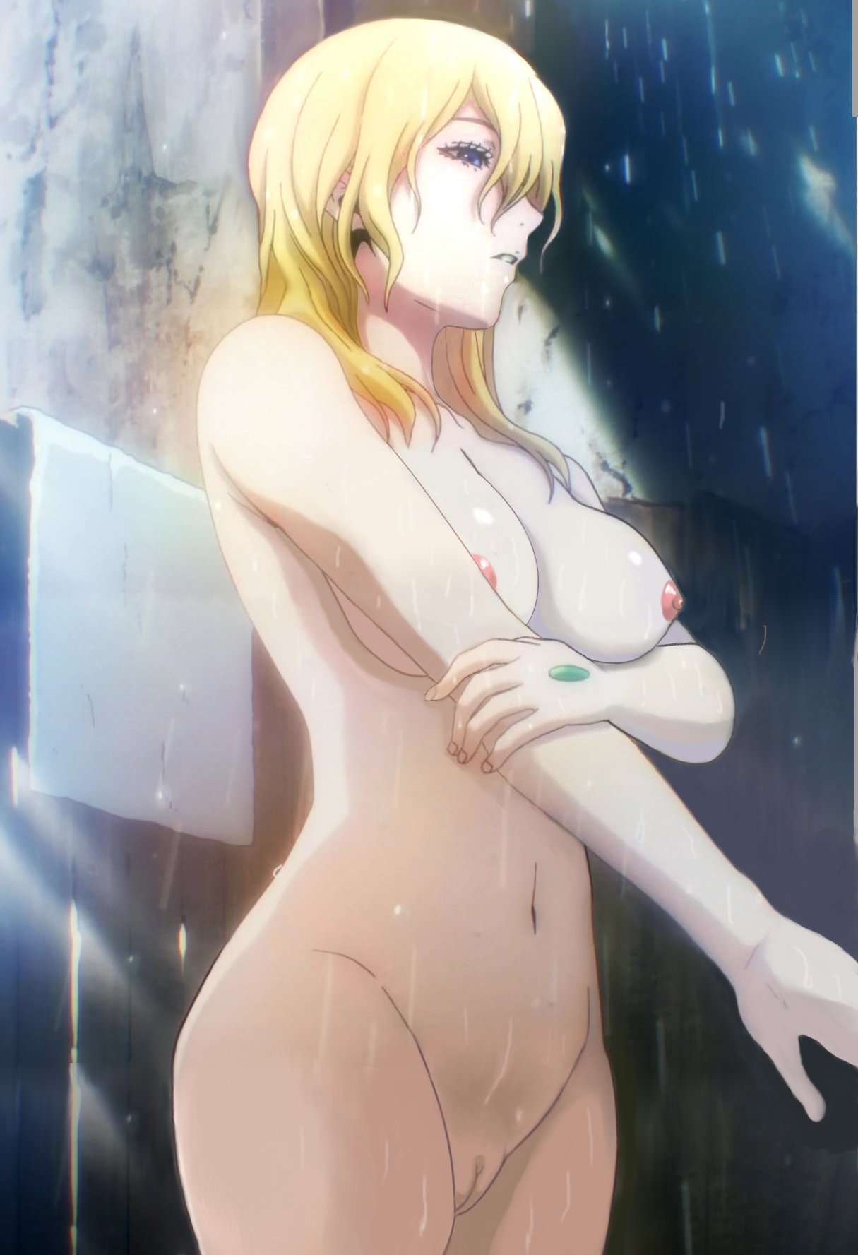 blonde_hair blue_eyes breasts btooom! female highres himiko_(btooom!) mound_of_venus navel nipples nude nude_filter photoshop pussy standing towel uncensored water wet