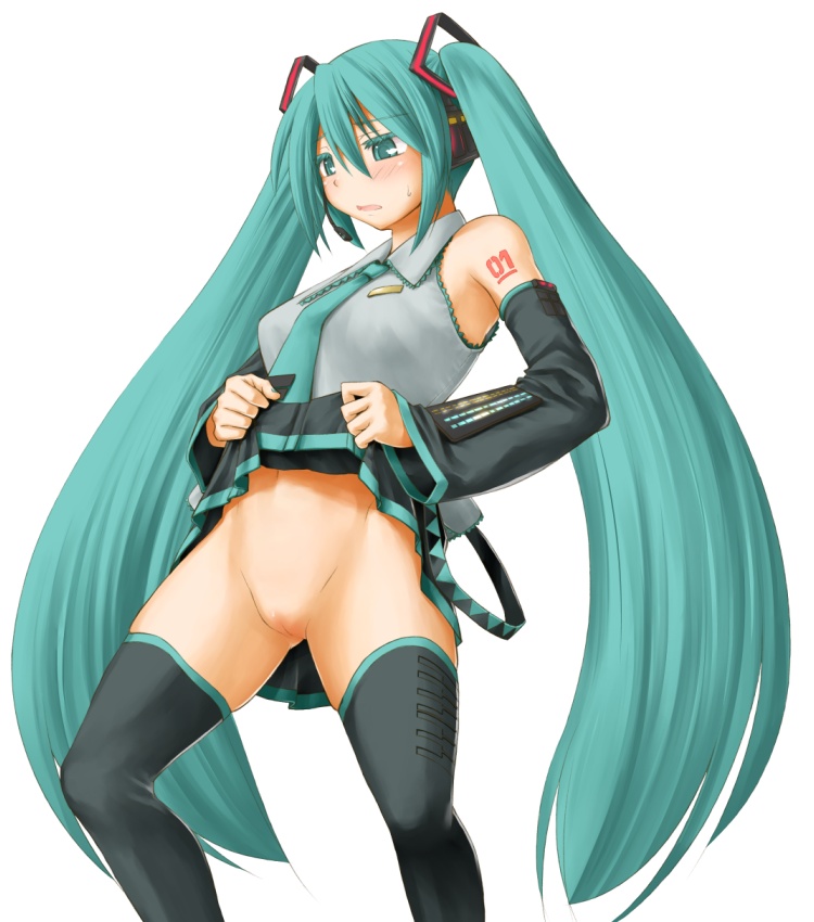 aqua_eyes aqua_hair bare_shoulders black_legwear blush bottomless detached_sleeves hair_ornament hatsune_miku headphones kasuga_yukihito long_hair necktie no_panties pussy revision skirt skirt_lift solo sweatdrop tattoo thighhighs tied_hair twintails uncensored underwear very_long_hair vocaloid