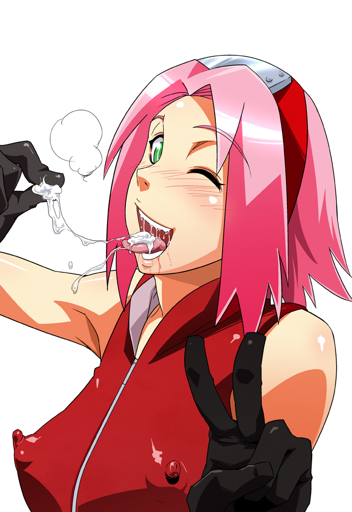 1girls, bare shoulders, blush, breasts, clothed, cum, cum in mouth, erect nipples, erect nipples under clothes, female, gloves, green eyes, happy, headband, human, large breasts, looking at viewer, naruto, naruto (series), ninja, nipples, open mouth, pink hair, sakura haruno, saliva, short hair, simple background, smile, solo, standing, sunahara wataru, tongue, tongue out, v, white background, wink