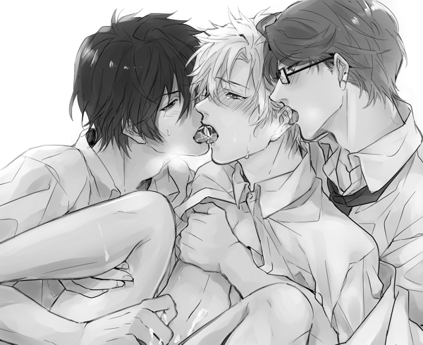 3boys akari akari_(karneval) cum gareki gareki_(karneval) gay glasses group_sex handjob hirato jiki karneval male monochrome multiple_boys open_clothes open_shirt shirt threesome tongue yaoi