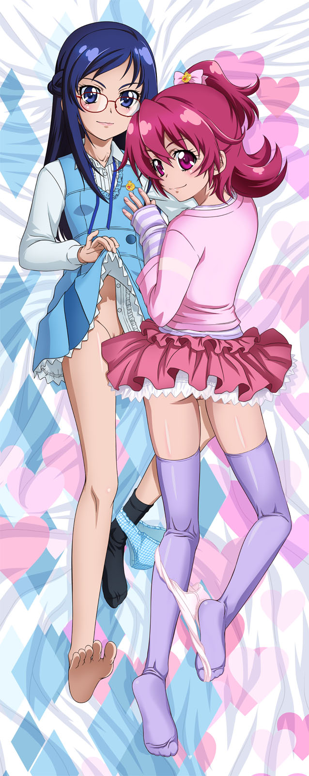 2girls aida_mana ankle_socks anklehighs ass barefoot black_socks blue_eyes blue_hair blush bow clothing dakimakura diamond_(shape) dokidoki!_precure dress dress_lift eyelashes feet female flipped_hair glasses hair_ornament hairbow half_updo heart highres hishikawa_rikka looking_back lying multiple_girls no_shoes on_back panties panties_around_leg panties_around_one_leg panty_pull petticoat pink_eyes pink_hair ponytail precure pretty_cure purple_legwear purple_socks pussy_peek ribbon shiny shiny_skin single_sock skirt socks socks_removed soles stockings thigh_socks thighhighs tied_hair toes tooo underwear untied yuri