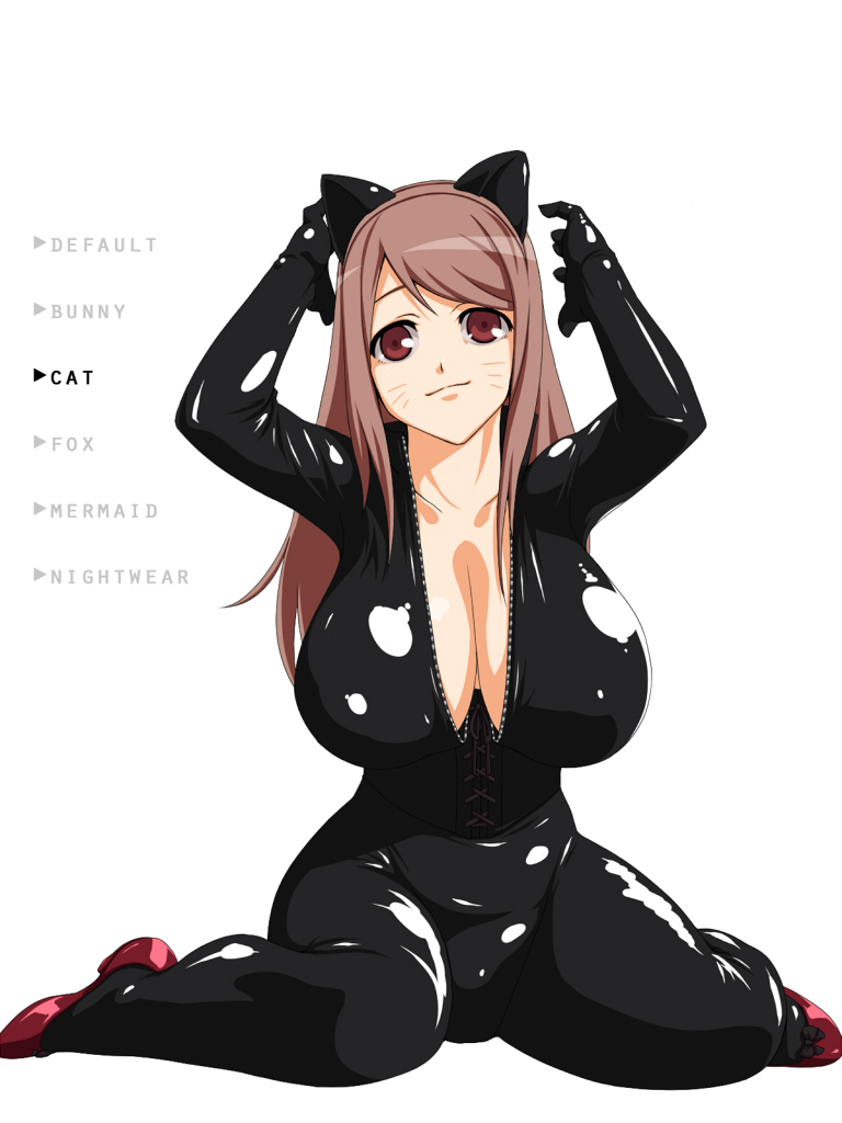 animal_ears archenemy_and_hero arms_up bodysuit breasts brown_eyes brown_hair cat_ears cleavage female gloves huge_breasts latex long_hair maou mnjs ribbon smile