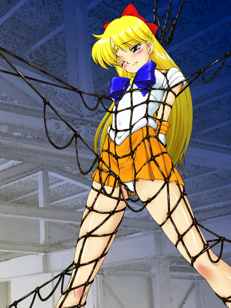 1girls arms_behind_back between_legs bishoujo_senshi_sailor_moon blonde_hair blue_eyes blush bondage bow clothing crotch_rope female female_only hair_ornament legs long_hair minako_aino miniskirt net panties pantyshot rope sailor_venus school_uniform serafuku short_skirt skirt small_breasts solo spark_utamaro thighs tiara tied_up volleyball_net white_panties wince