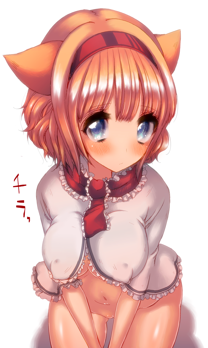 alice_margatroid animal_ears blonde_hair blue_eyes blush breasts capelet cat_ears covered_nipples cream_(nipakupa) erect_nipples female hairband kemonomimi_mode looking_at_viewer navel nude pussy simple_background solo text touhou translated translation_request uncensored white_background