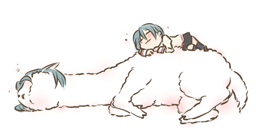 alpaca animalization blue_hair hair hair_ornament hairclip lying mahou_shoujo_madoka_magica mammal miki_sayaka mukiki school_uniform short_hair sleeping tail