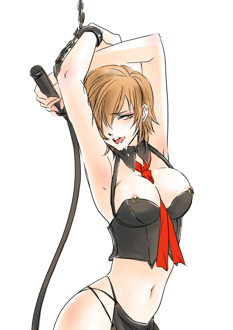 armpits arms_up b.m. blush bondage breasts brown_eyes brown_hair chains cuffs cum cum_on_body female licking_lips looking_at_viewer meiko navel necktie nipple_piercing nipples piercing short_hair solo vocaloid whip