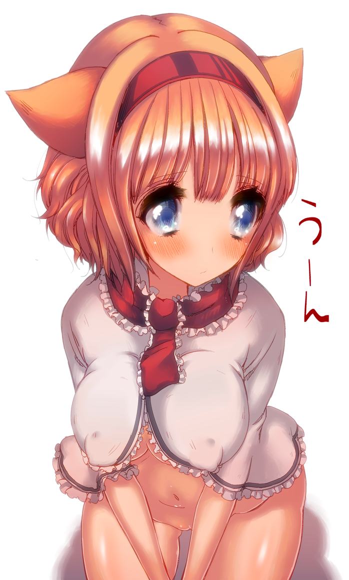 alice_margatroid animal_ears blonde_hair blue_eyes blush breasts capelet cat_ears covered_nipples cream_(nipakupa) erect_nipples female hairband kemonomimi_mode navel nude pussy simple_background solo text touhou translated translation_request uncensored white_background