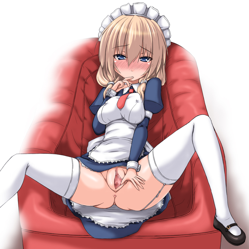 apron blonde_hair blush breasts covered_nipples erect_nipples garter_straps kokorono_arika large_breasts maid maid_headdress mary_janes nipples original pussy shoes spread_legs spread_pussy thighhighs white_legwear