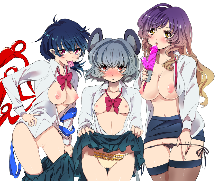 alternate_costume animal_ears asymmetrical_wings banned_artist black_hair black_legwear black_panties blush bottomless bow bowtie breasts breasts_out brown_eyes brown_hair condom condom_in_mouth contemporary dildo dress_shirt female gradient_hair grey_hair hand_on_hip hijiri_byakuren large_breasts mouse_ears mouth_hold multicolored_hair multiple_girls navel nazrin nipples no_bra no_panties nue_houjuu office_lady open_clothes open_shirt panties pencil_skirt poko_(mammypoko) purple_hair pussy red_eyes school_uniform shirt short_hair simple_background skirt skirt_lift skirt_pull smile thighhighs touhou two_tone_hair uncensored underwear white_background wings