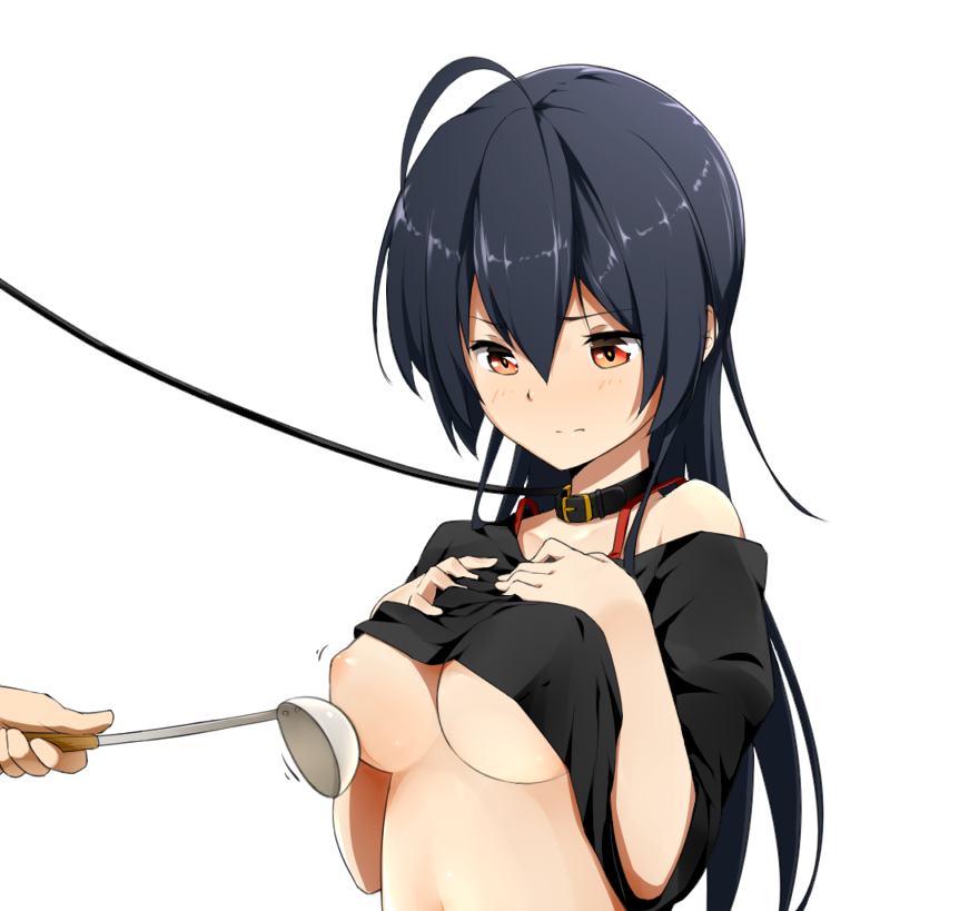 1girls black_hair bondage breast_poke breasts chuunibyou_demo_koi_ga_shitai! collar female ladle leash leash_and_collar ninnzinn nipples no_bra poking red_eyes shirt_lift solo takanashi_touka underboob