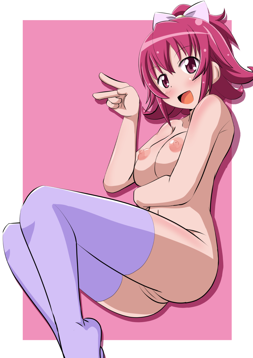 :d aida_mana blush bow breasts dokidoki!_precure female flipped_hair half_updo highres looking_at_viewer medium_breasts naruse_mahi naruse_mai nipples nude open_mouth pink_eyes pink_hair precure pretty_cure pussy short_hair smile solo stockings thighhighs uncensored