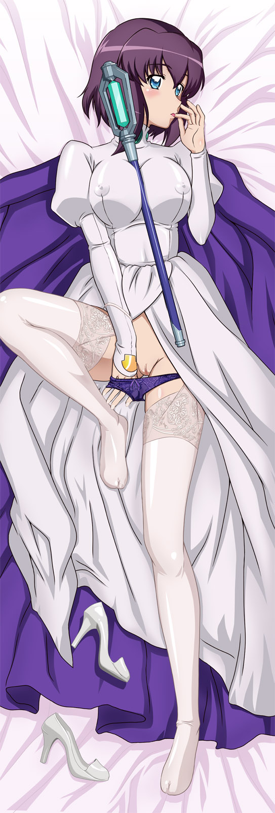 1girls blue_eyes blush breasts cape clothing covered_nipples dakimakura dress erect_nipples erect_nipples_under_clothes female henrietta_de_tristain high_heels highres lace lace-trimmed_thighhighs large_breasts legs long_image long_legs lying on_back panties panty_pull purple_hair pussy shoes shoes_removed short_hair solo staff stockings tall_image thighhighs thighs tongue tooo uncensored underwear white_legwear zero_no_tsukaima