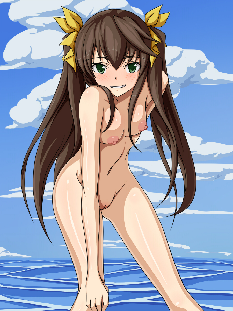 areolae arms bare_shoulders blush body_blush breasts brown_hair cloud female green_eyes grin hair hair_between_eyes hair_ribbon hand_on_knee highres hips huang_lingyin infinite_stratos knees legs long_hair looking_at_viewer mei_ichi midriff mound_of_venus navel nipples nude ocean outdoors pose puffy_nipples pussy ribbon shiny shiny_skin sky small_breasts smile solo standing teeth thighs tied_hair twintails uncensored water yellow_ribbon