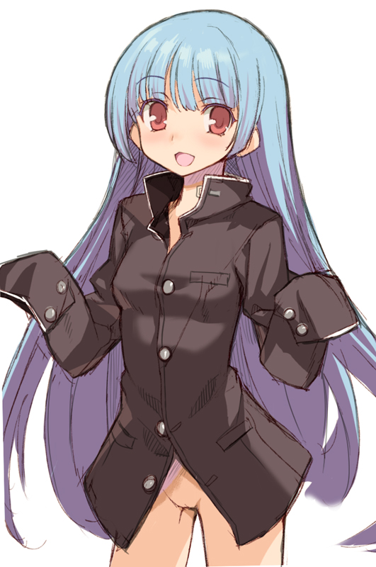 blue_hair blush bottomless female female_only gakuran hime_cut human king_of_fighters kula_diamond long_hair looking_at_viewer naked_coat naked_shirt no_panties open_mouth pussy red_eyes school_uniform shunin sketch sleeves_past_wrists smile snk solo uncensored very_long_hair