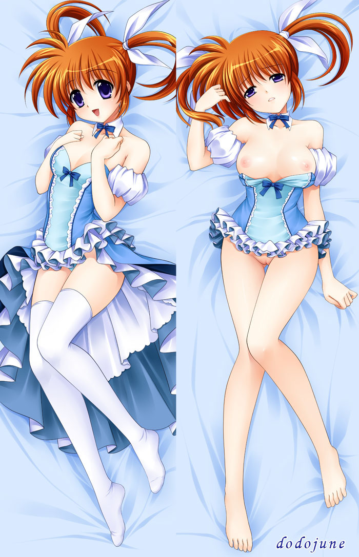 1girls :d barefoot blonde_hair bow breasts brown_hair dakimakura detached_collar dodojune dress female frills lying lyrical_nanoha mahou_shoujo_lyrical_nanoha multiple_views nipples on_back open_mouth purple_eyes pussy short_twintails smile solo takamachi_nanoha thighhighs tied_hair twintails uncensored