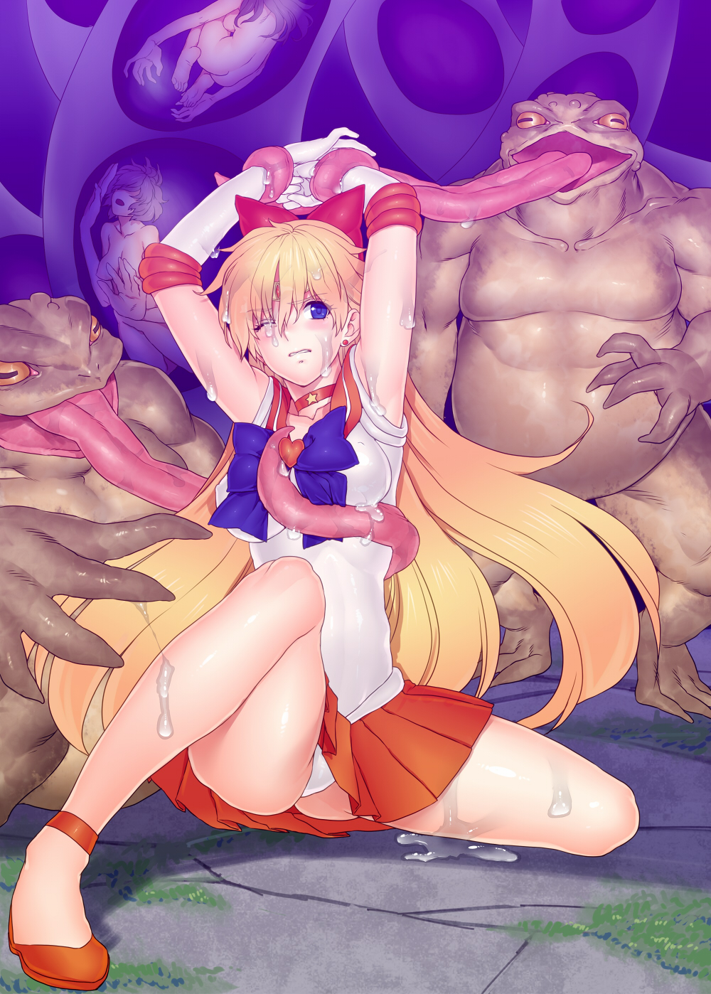 ami_mizuno anthro_only arms_up ass bestiality bishoujo_senshi_sailor_moon blonde_hair blue_eyes bondage bow breasts castella choker clothing cum earring earrings elbow_gloves fat_man female frog game_over gloves hair_bow highres imminent_rape jewelry long_hair long_tongue minako_aino multiple_girls nipples nude one_eye_closed orange_skirt orc panties rei_hino sailor_venus saliva skirt small_breasts star super_sailor_venus thighs tied_up tongue underwear white_panties wink