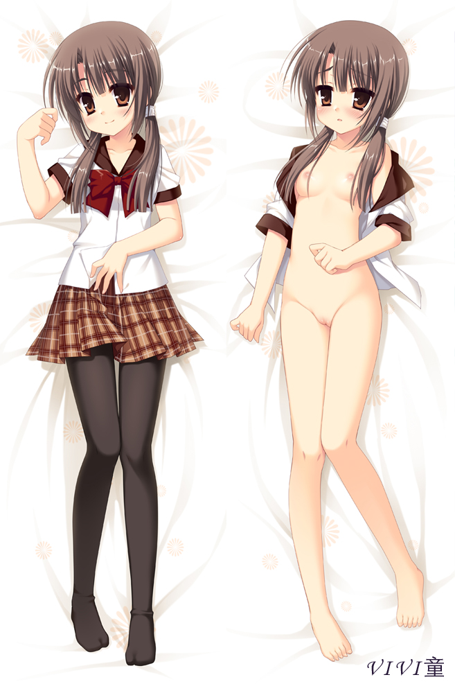 1girls barefoot bow breasts brown_eyes brown_hair dakimakura female hiramatsu_taeko kore_wa_zombie_desu_ka? lying multiple_views nipples nude on_back pantyhose pussy school_uniform skirt solo tied_hair twintails uncensored undressing vivi_(dakemakura)