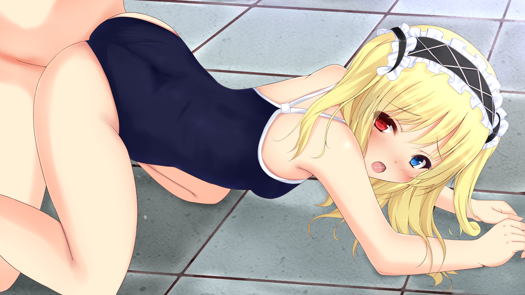 all_fours blonde_hair blush boku_wa_tomodachi_ga_sukunai competition_school_swimsuit doggy_style fuuma_(humawww) hairband hasegawa_kobato heterochromia lolita_hairband looking_back one-piece_swimsuit open_mouth sex solo_focus swimsuit swimsuit_aside tied_hair twintails two_side_up vaginal_penetration