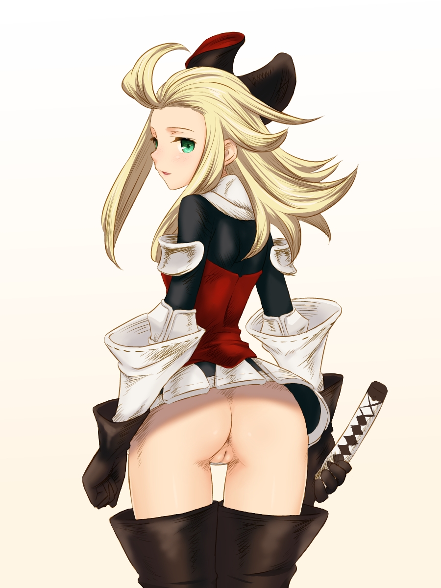 1girls armor armored_dress ass blonde_hair boots bow bravely_default:_flying_fairy edea_lee fair-skinned_female fair_skin female gloves green_eyes hairbow highres hou_(hachiyou) katana light-skinned_female light_skin long_hair looking_at_viewer no_legwear no_panties pussy solo sword thigh_boots thighhighs uncensored upskirt weapon white_background