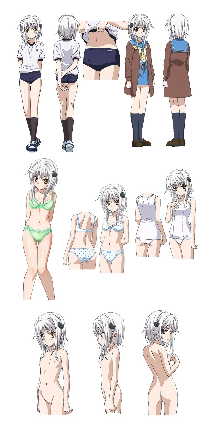 ass, blush, bow panties, bra, breasts, cleavage, female, flat chest, green bra, green panties, high school dxd, highres, koneko toujou, lingerie, navel, nipples, nude, panties, photoshop, pussy, school uniform, short hair, silver hair, skirt, small breasts, swimsuit, white bra, white hair, white panties, yellow eyes