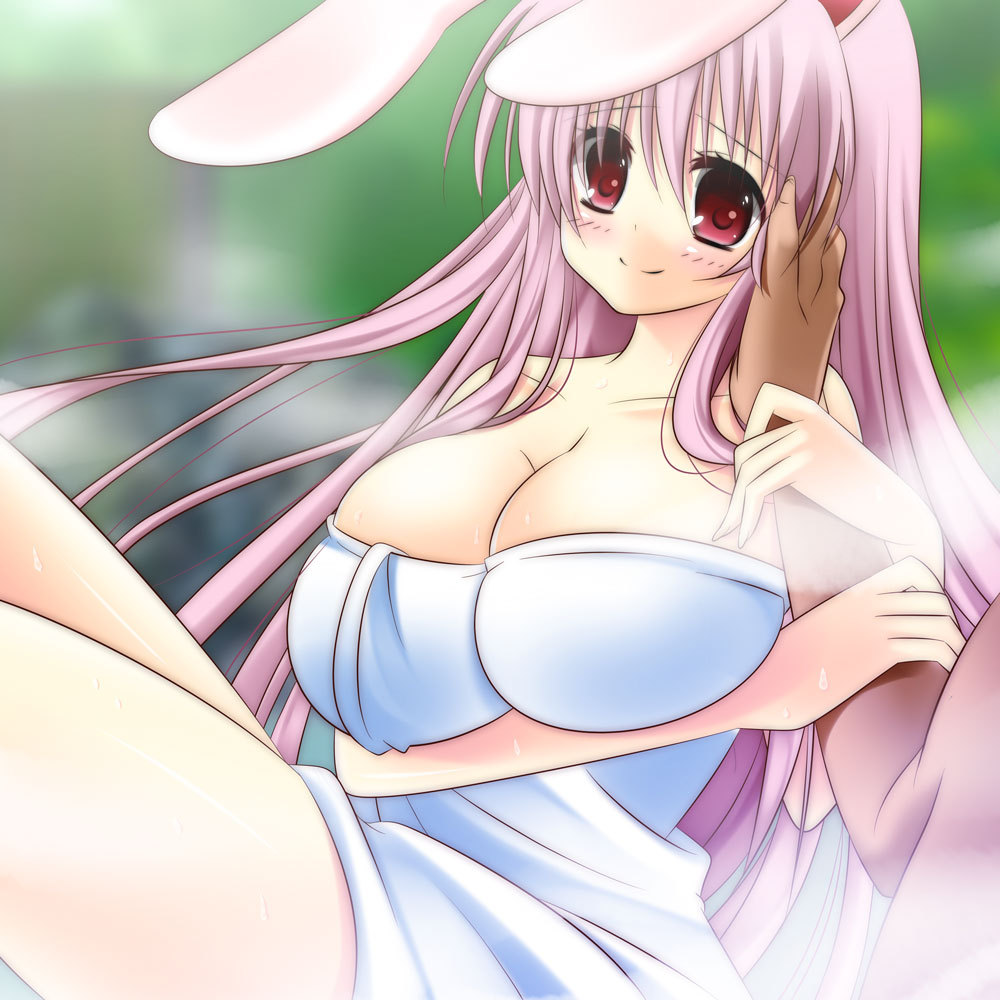 animal_ears arm arm_grab arm_hug arms bare_legs bare_shoulders blush breast_hold breasts bunny_ears cleavage collarbone female hand_on_another's_face huge_breasts legs long_hair looking_at_viewer naked_towel nenekoneko nude nude_cover onsen outdoors pink_hair purple_hair red_eyes reisen_udongein_inaba sitting smile solo_focus steam sweat thighs touhou towel