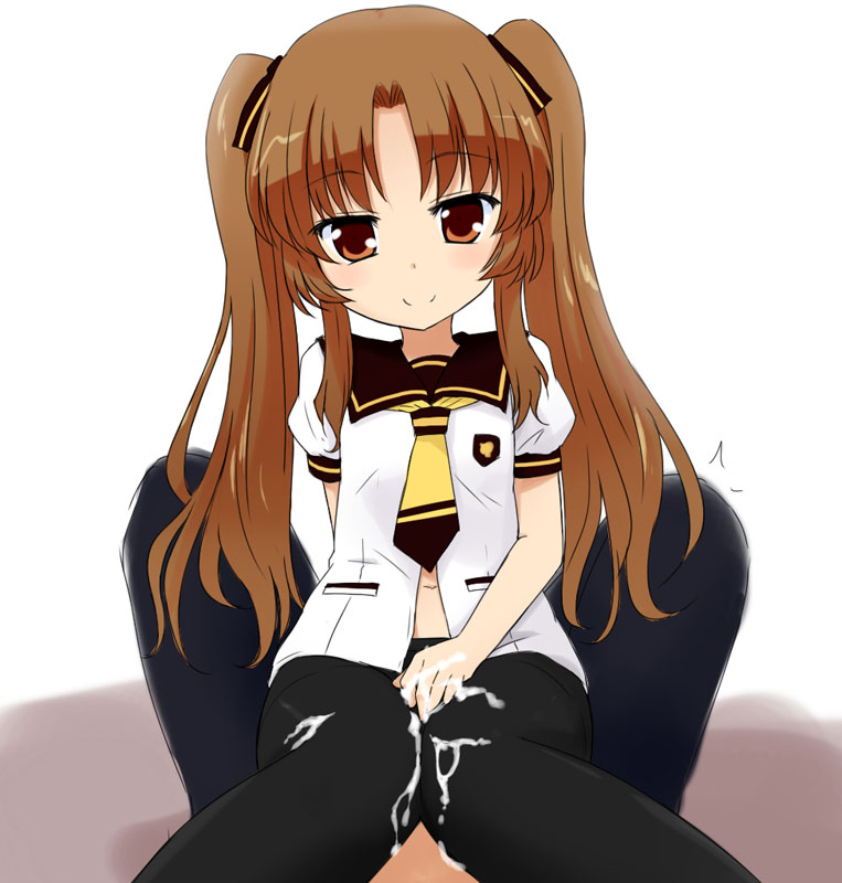 ano_natsu_de_matteru brown_eyes brown_hair cum cum_on_clothes female frottage kazami_ruku navel outercourse pantyhose petite school_uniform smile thigh_sex tied_hair twintails yamano_remon