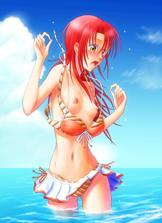 1girls bikini bikini_skirt blush bonnie_(rsg) breasts cloud embarrassed female female_only front-tie_top hino_kahoko la_corda_d'oro long_hair navel ocean partially_submerged red_hair sky small_breasts solo swimsuit untied wardrobe_malfunction water yellow_eyes