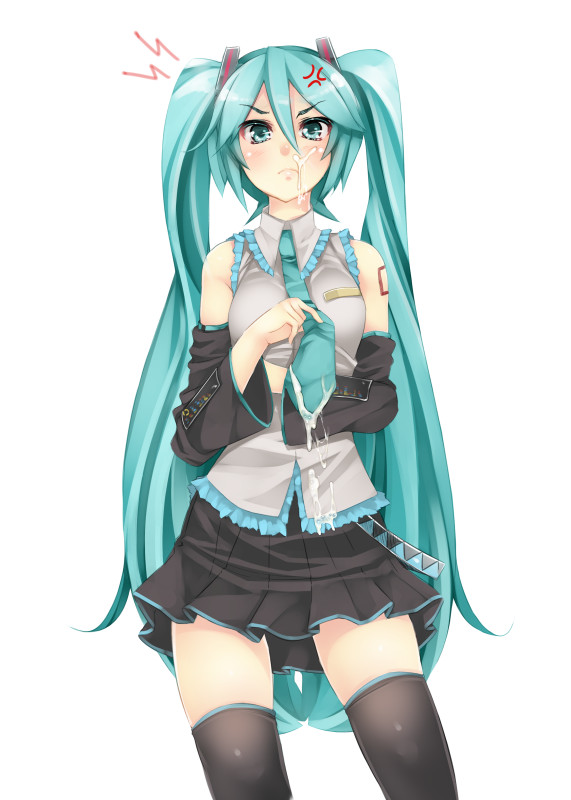 aqua_eyes aqua_hair bare_shoulders blush cum cum_on_clothes detached_sleeves facial female hatsune_miku long_hair looking_at_viewer necktie serizawa_mutsuki skirt solo thighhighs tied_hair twintails veins very_long_hair vocaloid