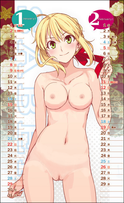 bare_shoulders blonde_hair breasts calendar_(medium) fate/extra fate_(series) green_eyes hair_ribbon morii_shizuki navel nero_claudius_(fate) nipples nude nude_filter photoshop pussy ribbon smile uncensored