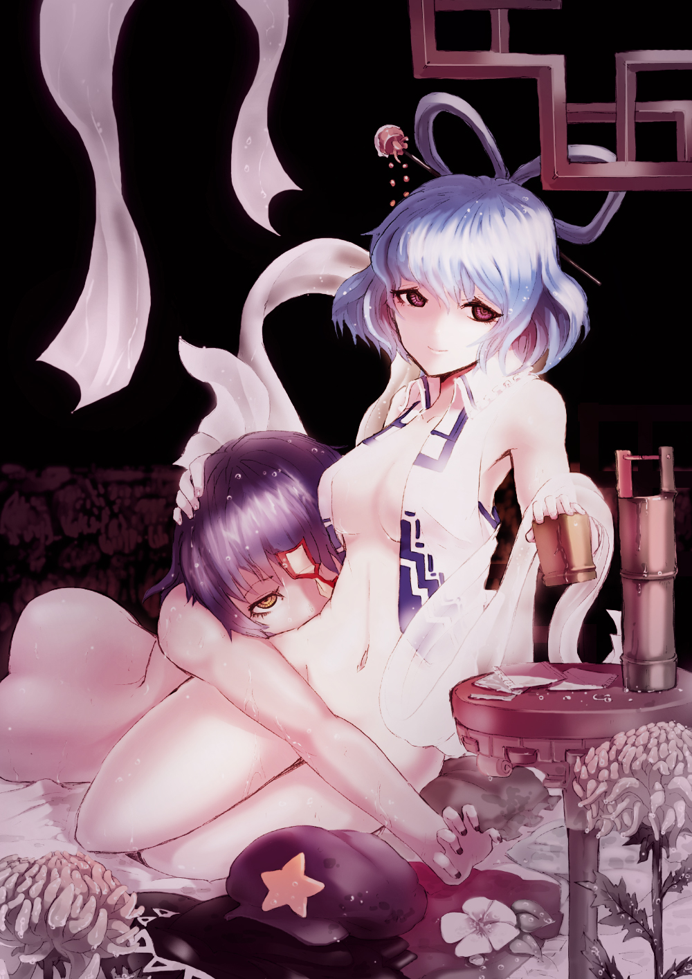 armpits ass bare_shoulders black_hair blue_hair bottomless breasts cap censored cleavage convenient_censoring cup female flower hair_ornament hair_rings hair_stick hand_on_head hat hat_removed headwear_removed highres holding hug looking_at_viewer multiple_girls navel nude ofuda outstretched_arms paper red_eyes seiga_kaku shawl short_hair smile sonjow4 star sweat talisman touhou vest yellow_eyes yoshika_miyako yuri