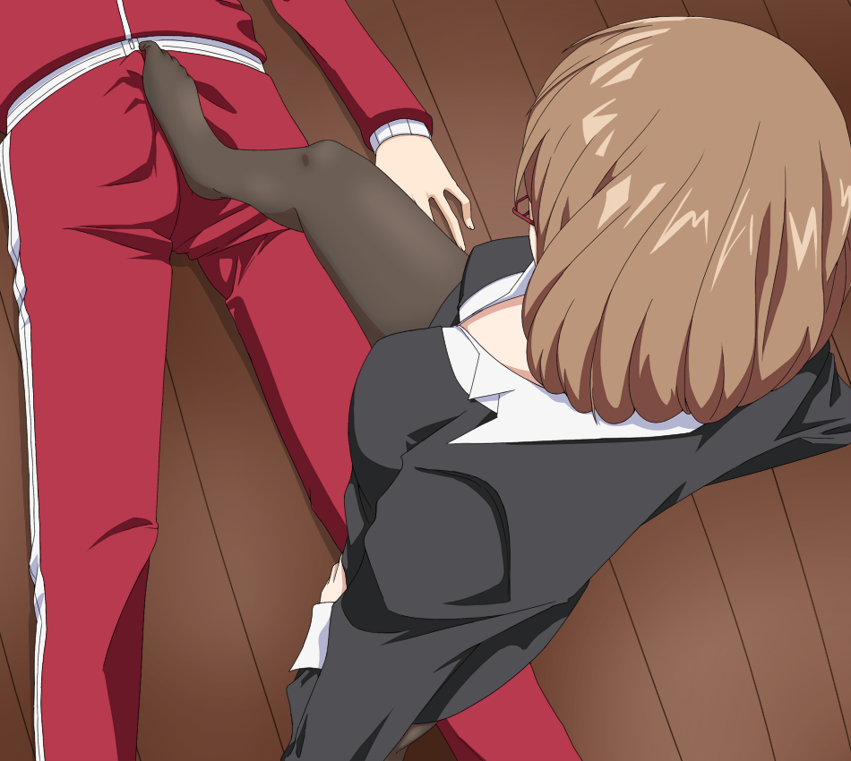 aoki_yuriko bakuman breasts brown_hair business_suit erection feet female femdom footjob footjob_over_clothes glasses hands_on_hips highres large_breasts looking_down lying no_shoes pantyhose short_hair standing standing_footjob suit takagi_akito wooden_floor