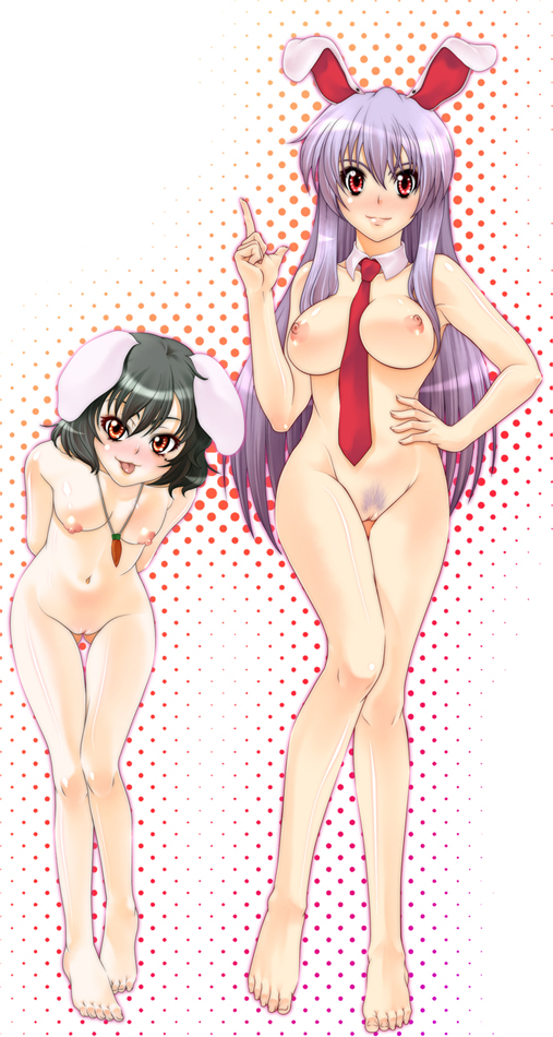 bare_legs bare_shoulders barefoot between_breasts black_hair brown_eyes clothes_between_breasts detached_collar female lavender_hair leaning_forward looking_at_viewer md5_mismatch multiple_girls necktie nipples noir846 nude pubic_hair pussy reisen_udongein_inaba tewi_inaba touhou uncensored