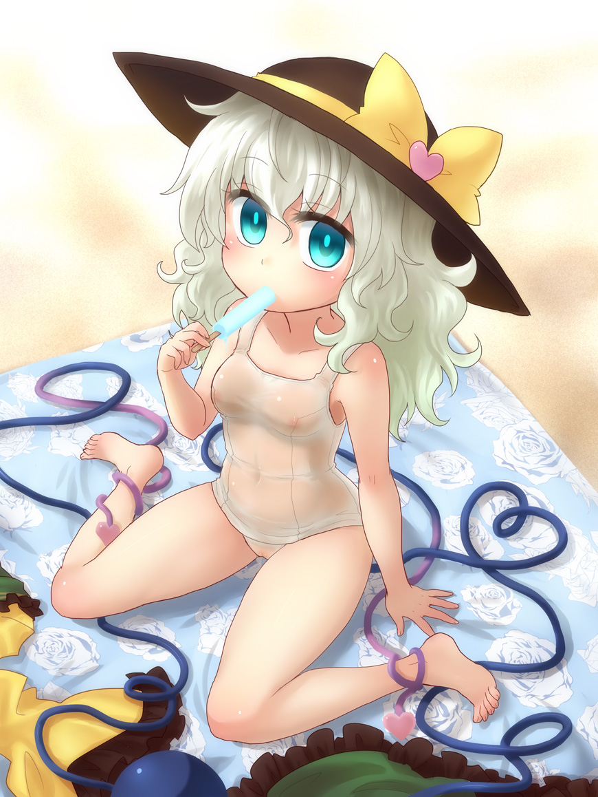 alternate_costume aqua_eyes barefoot feet female hat heart koishi_komeiji looking_at_viewer miruki nipples one-piece_swimsuit popsicle pussy school_swimsuit see-through sitting solo swimsuit touhou uncensored wariza white_hair white_swimsuit