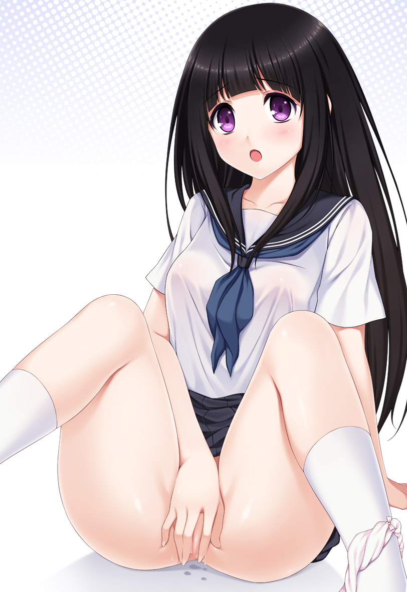 1girls :o black_hair blush breasts chitanda_eru covering covering_crotch female halftone hyouka long_hair open_mouth panties panties_around_leg panties_around_one_leg panty_on_one_leg partially_visible_vulva purple_eyes pussy_juice ren_san school_uniform serafuku skirt solo spread_legs underwear