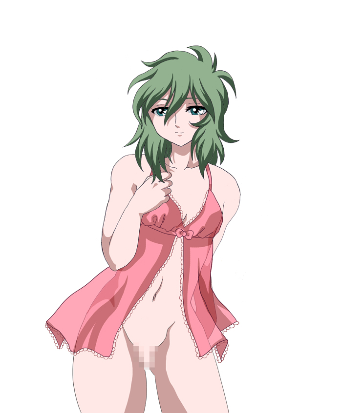 1girls andromeda_shun bow bronze_saints censored female female_shun green_eyes green_hair human lace lingerie long_hair negligee nightgown pink rule_63 saint_seiya shounen_jump