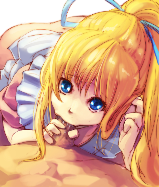 apron artist_request ass blonde_hair blue_eyes bow dress fellatio female lilith_aileron long_hair no_panties oral pixiv_thumbnail ponytail resized tales_of_(series) tales_of_destiny tied_hair