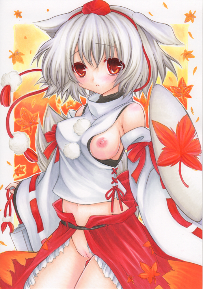 animal_ears bare_shoulders blush breasts breasts_out dannashitoyome detached_sleeves female hat leaf maple_leaf momiji_inubashiri nipples no_panties pastel_(medium) pussy red_eyes shield short_hair silver_hair skirt solo sword tail tokin_hat touhou traditional_media uncensored weapon wolf_ears wolf_tail