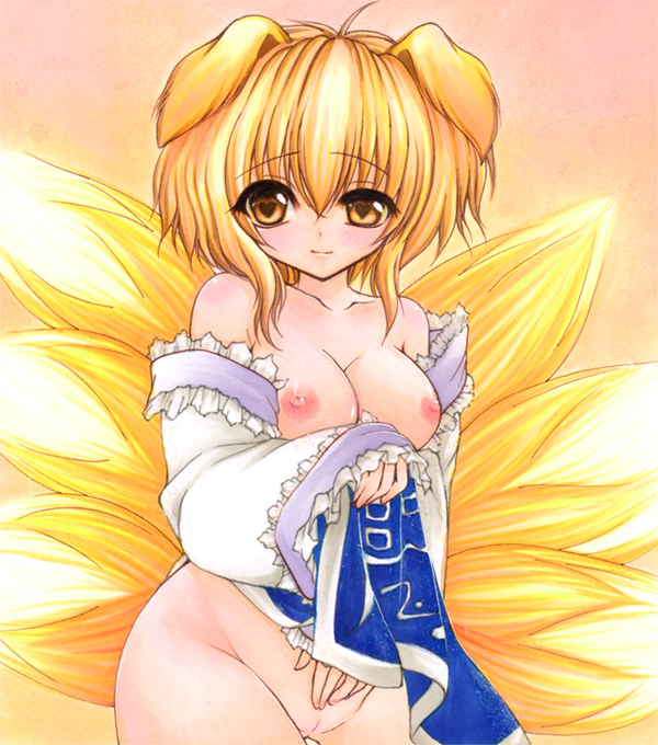 animal_ears bare_shoulders blonde_hair blush breasts brown_eyes dannashitoyome female fox_ears fox_tail heart heart-shaped_pupils looking_at_viewer multiple_tails nipples no_hat no_headwear no_panties off_shoulder pussy ran_yakumo short_hair smile solo symbol-shaped_pupils tabard tail touhou traditional_media uncensored