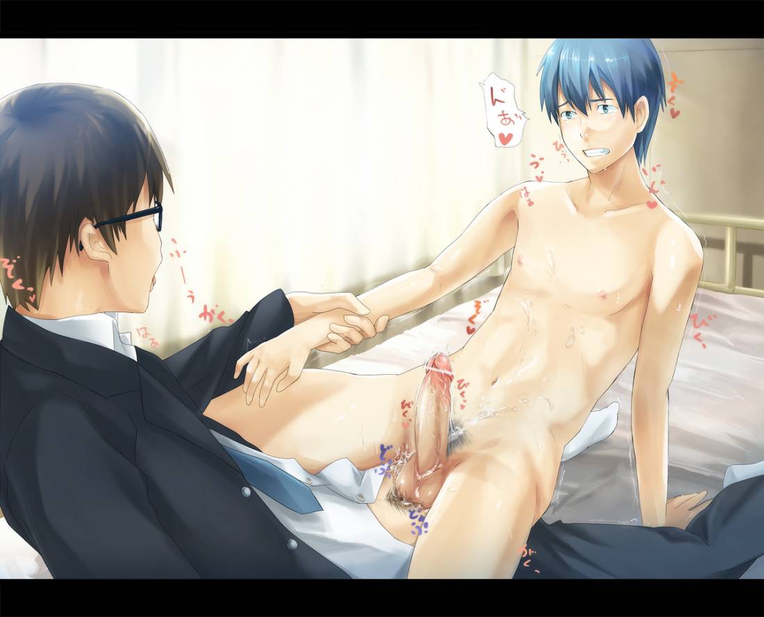 2boys anal arm_grab arm_support bed black_hair blue_eyes blue_hair brown_hair censored clothed clothed_on_nude clothed_sex cum cum_on_body cum_on_self cum_while_penetrated curtains drooling erection gay glasses heart hospital_bed human infirmary kyouta_(a01891226) male male_only medical necktie nipples nude penis pubic_hair saliva school school_uniform schoolboy seiji_toprush sex sitting student text trembling uniform veins veiny_penis wrist_grab yaoi