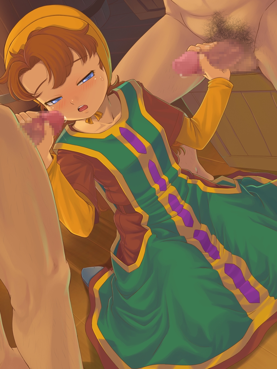 blush brown_hair censored clothing dragon_quest dragon_quest_vii dress female flat_chest group_sex handjob highres long_hair maribel messy_hair nude partial_male pubic_hair saikyou_anaheim sweat threesome