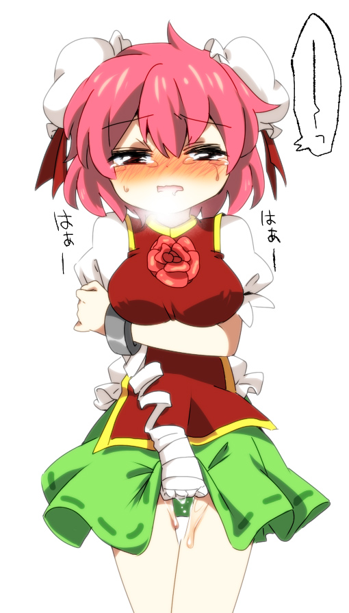 bandage bandages blush breast_hold breasts bun_cover double_bun eromame female flower heavy_breathing kasen_ibaraki masturbation open_mouth pink_hair pussy_juice rose short_hair skirt solo tears torogao touhou