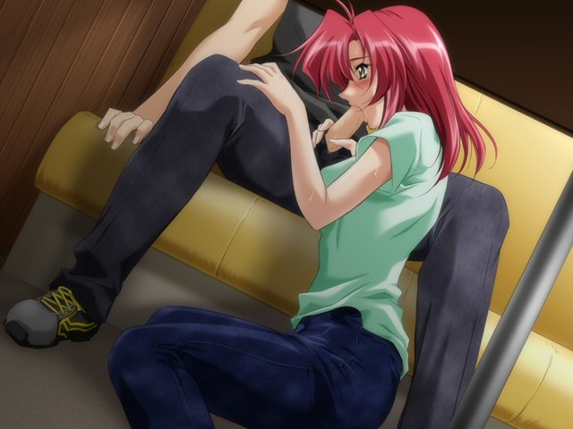 blush clothed dutch_angle fellatio game_cg green_eyes handjob jeans kawamori_keiko oral penis red_hair sweat tsuki_possession uncensored under_the_table yamane_masahiro zyx