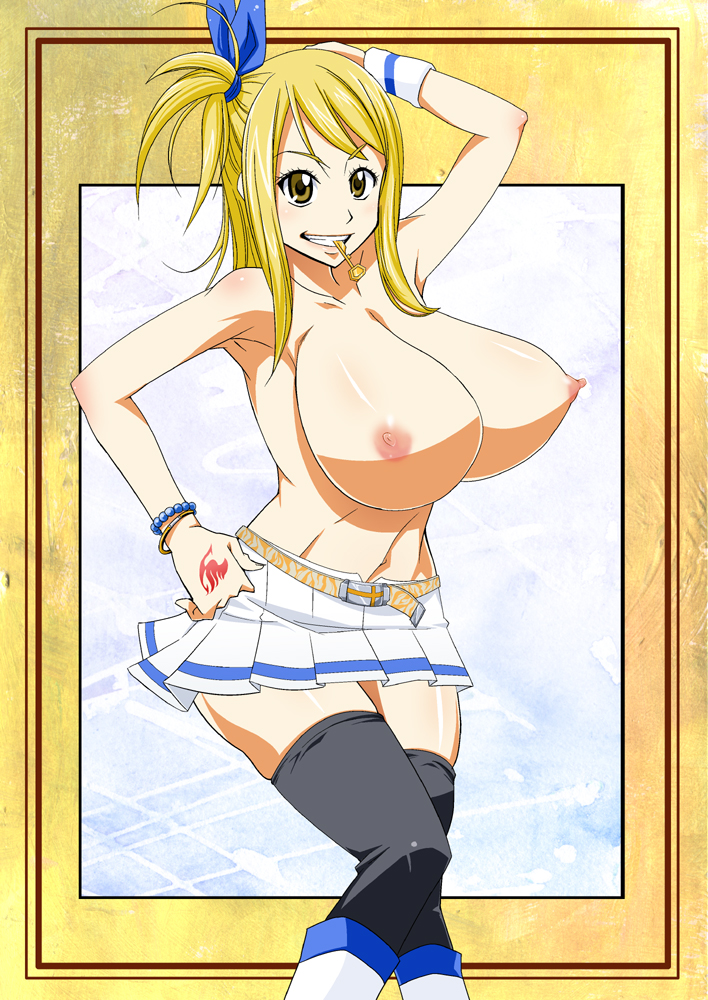 blonde_hair breasts chastity_key fairy_tail female huge_breasts key key_in_mouth lucy_heartfilia mouth_hold smile sunahara_wataru topless