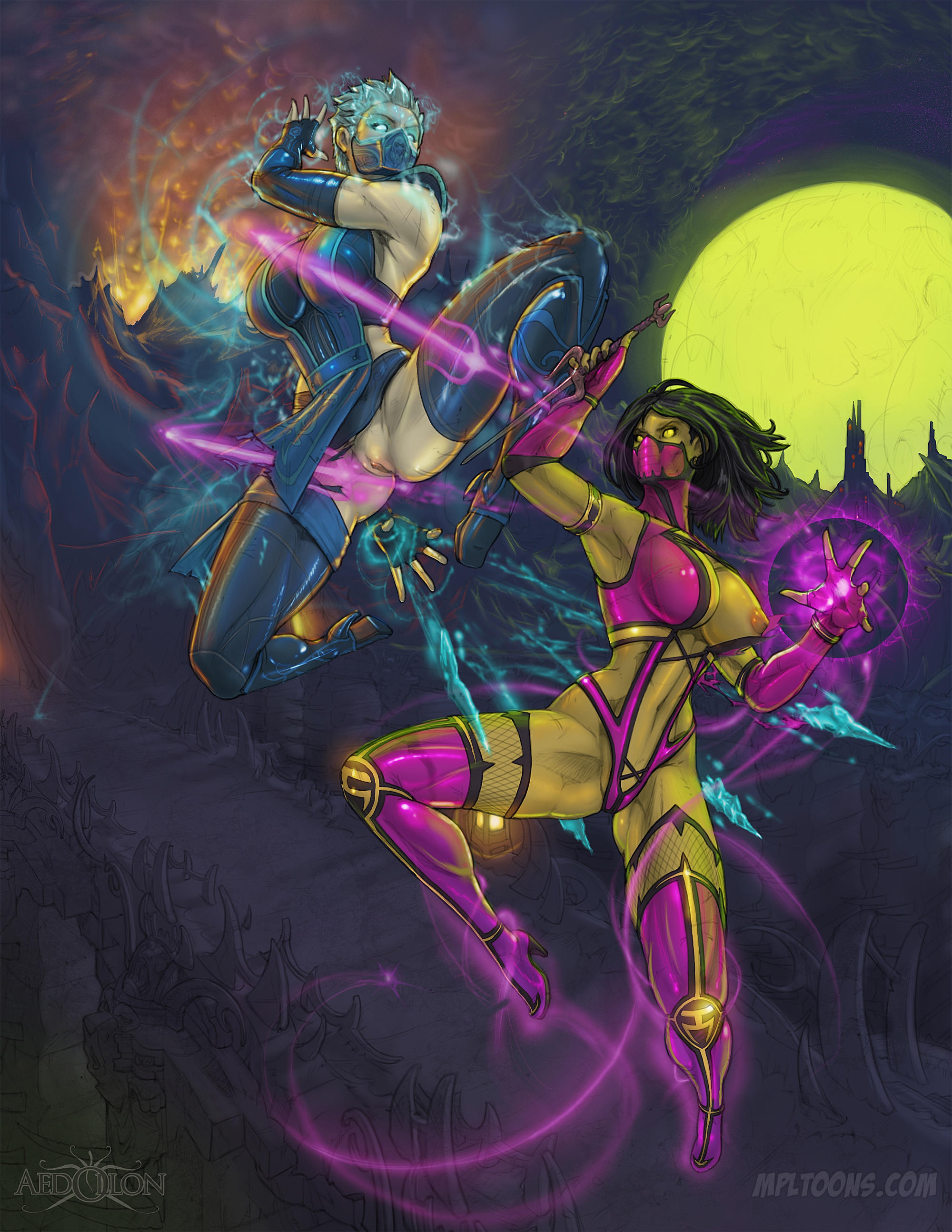 2d, 2girls, absurdres, aedollon, female, female only, frost (mortal kombat), highres, mileena, monster girl, mortal kombat, mortal kombat x, multiple females, multiple girls