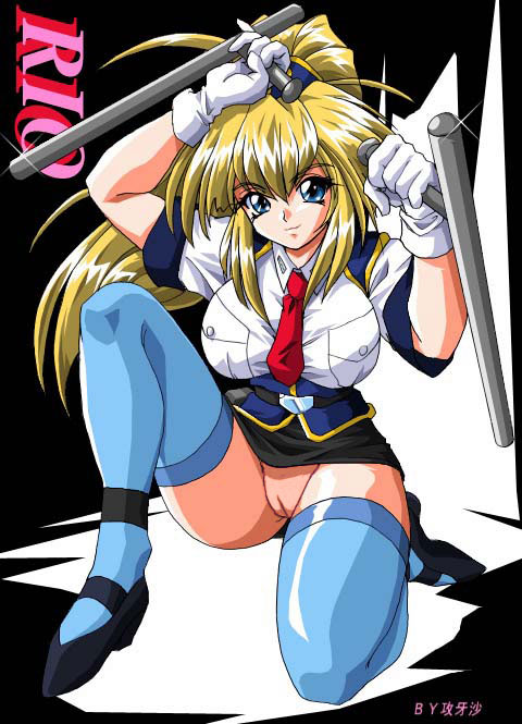 1990s_(style) artist_name blonde_hair blue_eyes breasts burn_up!_w clothing female gloves kougasha large_breasts long_hair looking_at_viewer miniskirt no_panties photoshop police police_uniform policewoman ponytail pussy retro_artstyle rio_kinezono_(burn_up!) shaved_pussy simple_background skirt solo straight_hair thighhighs tied_hair uncensored uniform weapon