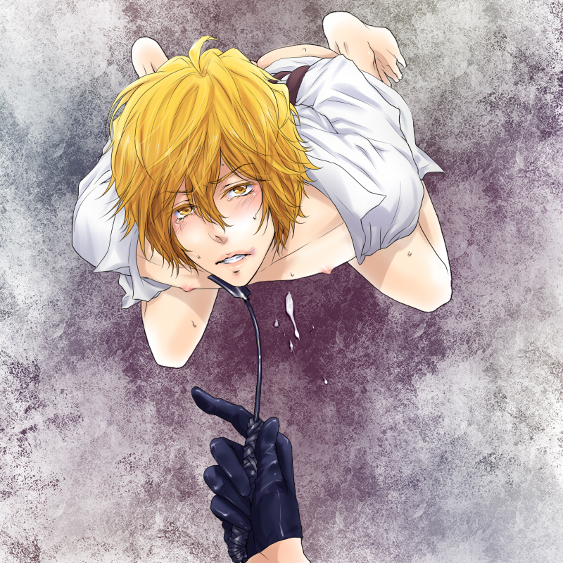 arms_behind_back barefoot black_gloves blonde_hair blush bondage bottomless cum cum_on_floor dino_cavallone erect_nipples gay glove gloves katekyo_hitman_reborn! lash looking_at_viewer male nipples open_clothes open_shirt pov pov_eye_contact rokudou_mukuro shirt tears teeth yaoi yellow_eyes