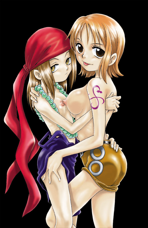 2girls anna_kyoyama breasts clothing crossover female female_only flat_chest human medium_breasts multiple_females multiple_girls nami one_piece orange_hair pre-timeskip shaman_king tattoo yuri