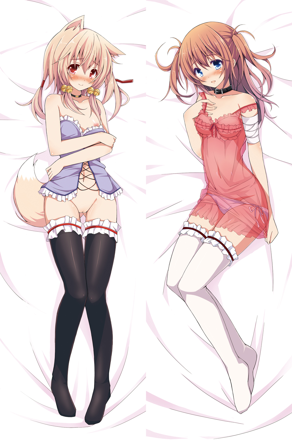 animal_ears bare_shoulders bed_sheet bell black_legwear blue_eyes blush breasts brown_hair bustier chiri_(atlanta) chiriko_(atlanta) choker collar collarbone dakimakura female highres jingle_bell legs_together lingerie looking_at_viewer lying multiple_girls navel negligee nipples no_panties on_back original panties pink_hair pussy red_eyes see-through side-tie_panties smile ten'inkou_korin thighhighs two_side_up uncensored underwear white_legwear white_panties