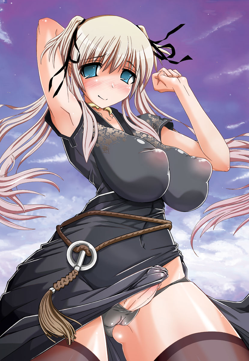 1futa aqua_eyes blonde_hair blush bow breasts futa_only futanari highres huge_breasts intersex mabinogi nao nipples oppai puffy_nipples rentaichou see-through solo thighhighs tied_hair twintails